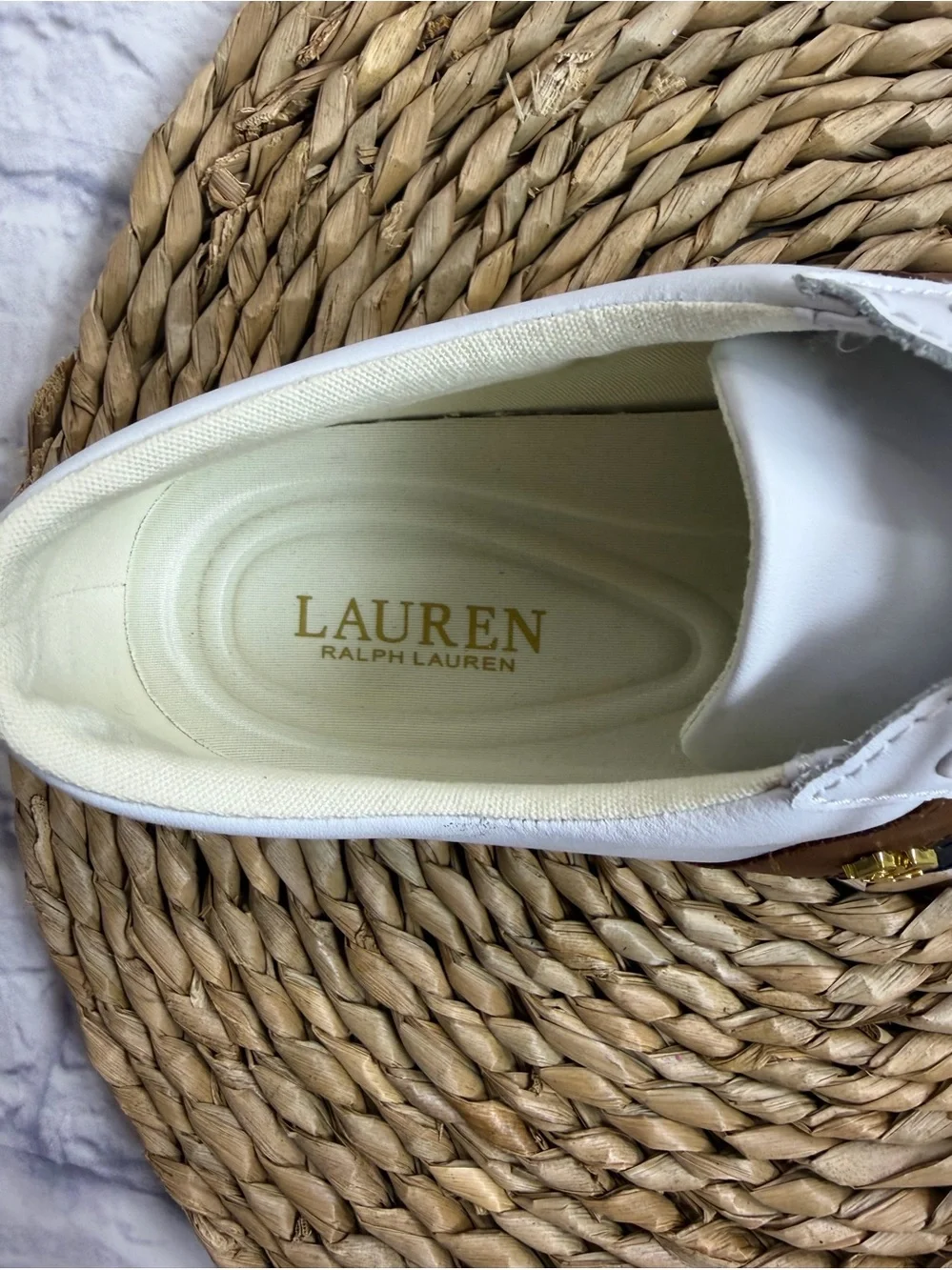 Ralph Lauren White Leather Sneakers w/Brown & Navy Stripe. Size 8. Preppy.